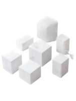Artistic arrangement of white geometric cubes and rectangular shapes showcasing various textures and patterns in a minimalist and modern style png