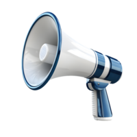 Close-up view of a blue and white megaphone designed for sound amplification during public speaking events and gatherings with a portable and sleek aesthetic. png