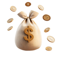 Burlap money bag overflowing with coins symbolizing wealth and financial success in a vibrant display of prosperity png