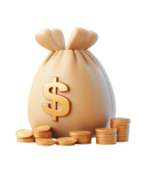 Close up of a beige money bag with dollar symbol next to a stack of shiny gold coins representing wealth and financial prosperity in a symbolic composition png