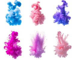 Collection of vibrant swirling ink clouds in blue pink and purple creating a dynamic visual display of artistic expression png