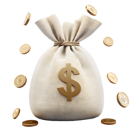 Burlap sack overflowing with coins symbolizing financial wealth and abundance surrounded by scattered coins suggesting prosperity and opportunity. png