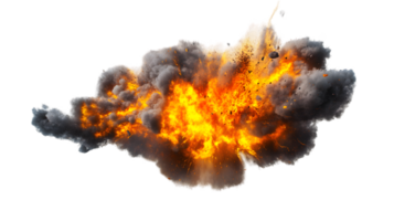 Dramatic explosion with vibrant flames and thick smoke billowing outward creating a powerful visual impact and conveying a sense of chaos and energy. png