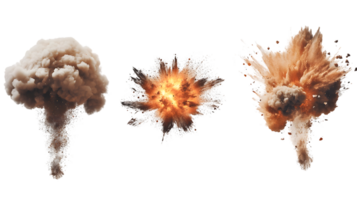Dramatic series of explosions with smoke and fire bursts showcasing powerful energy and dynamic visual effects in a vibrant display png