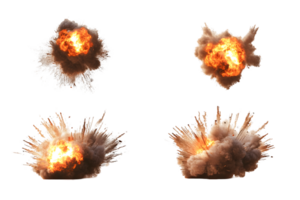 Dramatic series of four explosive bursts capturing dynamic fire and smoke showcasing intense energy and impact in a vivid display of combustion and chaos png