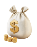 Cream colored fabric money bag filled with coins featuring a prominent dollar sign symbolizing wealth and financial success png