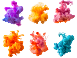 Dynamic and vibrant ink splashes creating colorful swirling shapes in bright hues against a dark background capturing energy and creativity png