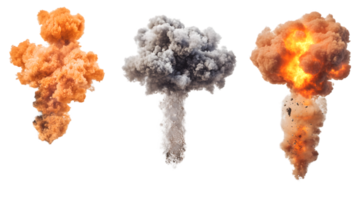 Dynamic explosion showcasing vibrant flames and dense smoke in three stages of detonation highlighting energy, power, and chaos of an explosive event png