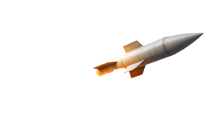 Sleek rocket launching into the sky with fiery exhaust trailing behind in an impressive display of engineering and scientific achievement png