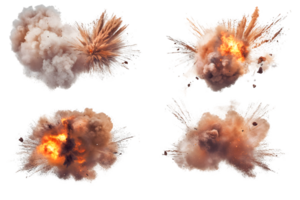 Dynamic explosions with bursts of orange flames and thick gray smoke creating a dramatic atmosphere of chaos and intensity in various shapes and sizes. png