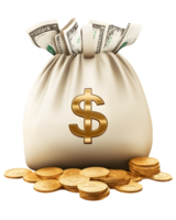Fabric bag overflowing with cash and gold coins on the ground creating an impression of financial abundance and prosperity with a bold dollar sign png