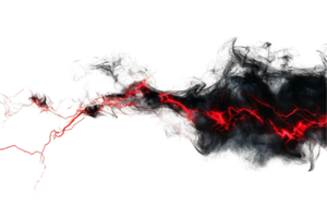 Intense depiction of volcanic activity with molten lava flowing through dark landscape surrounded by swirling clouds of ash and vibrant hues of orange and red png