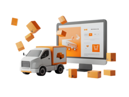 Stylized delivery truck with floating boxes near computer monitor displaying online shopping interface highlighting e-commerce and logistics png