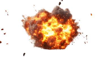 Powerful explosion erupting with vibrant orange flames and thick black smoke scattering debris in a dramatic display of energy and chaos png