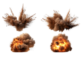Series of explosive blasts showcasing dynamic energy with vibrant colors and chaotic smoke patterns illustrating the impact and intensity of powerful eruptions png