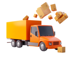 Vibrant orange delivery truck surrounded by flying cardboard boxes depicting the dynamic energy of logistics and transportation services in an urban setting png