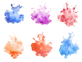 Vibrant assortment of colorful ink splashes in shades of blue purple pink and orange creating a visually dynamic artistic display with fluid motion and unique textures png