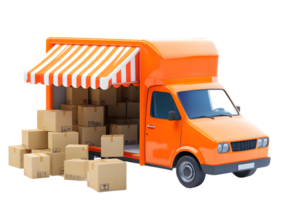 Vibrant orange delivery van parked with cardboard boxes showing dynamic logistics and transportation scene filled with energy and purpose. png