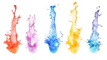 Vibrant array of colorful paint splashes in dynamic red purple blue yellow and aqua creating energetic and creative visual expression png
