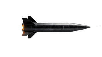 Advanced aerodynamic black rocket with powerful engine thrust and flames showcasing modern aerospace technology in flight png