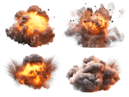 Vivid explosive bursts with flames and thick smoke clouds illustrating powerful dynamic energy release in dramatic bursts of color and motion png
