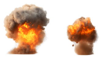 Dramatic explosion generating a vibrant mushroom cloud of smoke and flames creating a striking visual impact on a transparent background png