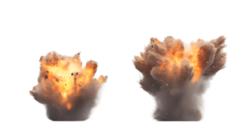 Dramatic display of two explosive events featuring vibrant flames and thick clouds of dust illustrating the raw power and chaos of explosions png