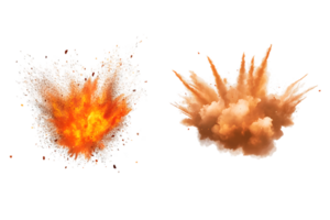Dramatic display of explosive blasts showcasing a fiery explosion with orange flames and a soft dusty cloud explosion with light brown smoke png