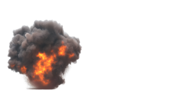 Dramatic explosion with dark smoke and flames creating a striking contrast against a stark background highlighting chaotic energy and destruction. png