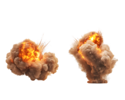 Dramatic display of two powerful explosions featuring massive clouds of smoke and fiery cores illustrating intense energy and chaotic movement png