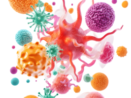 Colorful illustration of diverse microorganisms including bacteria and viruses floating representing the microscopic world of pathogens and cellular structures png