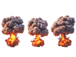 Dramatic display of three distinct explosions with fiery flames and thick smoke billowing into the atmosphere png