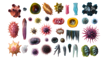 Diverse collection of colorful microorganisms and coral-like structures showcasing intricate details and variety of shapes in a captivating scientific display. png