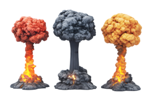 Dramatic scene of three volcanic eruptions with vibrant smoke clouds and fiery lava showcasing the raw power and beauty of nature's elements in an explosive display png