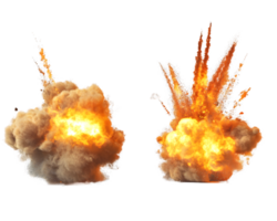 Dramatic scene of two intense explosions showcasing the raw power of fire and smoke in a dynamic display of detonation energy and vivid colors. png