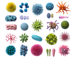 Diverse colorful array of microorganisms showcasing the complexity of microscopic life in a vibrant scientific display png