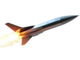 Futuristic rocket soaring through clear blue sky with powerful flames and smoke trail symbolizing speed and advanced technology of space exploration png