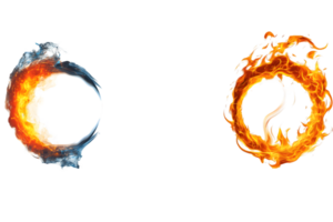 Illustration showcasing a dynamic contrast between vibrant swirling fire and a mystical icy orb representing the elemental balance of heat and cold. png