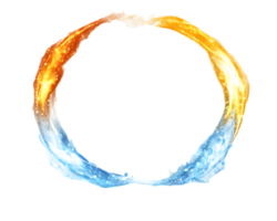 Dynamic circular flow of warm and cool colors blending fire and water in a vibrant and harmonious design representing elemental forces png
