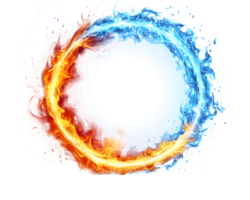 Dynamic circular design featuring swirling flames in orange and red combined with flowing blue water creating an energetic visual contrast png