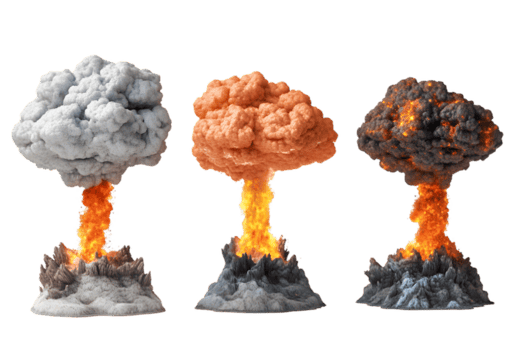 dinamico Schermo di tre distinto esplosioni in mostra variando colori e textures di Fumo e fuoco png