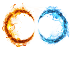 Dynamic illustration of fiery orange and tranquil blue circular elements merging to depict the harmony between fire and water in a visually striking composition png