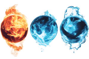Dynamic composition of elemental spheres showcasing vibrant fire, tranquil water, and icy formations in a visually striking display of energy png