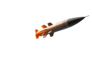 Sleek missile soaring through the sky with ignited rocket engines leaving a flame trail against a clear blue backdrop symbolizing technological power and innovation png