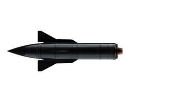 Sleek black missile with prominent fins and streamlined design positioned horizontally against a minimalist background showcasing modern military technology and engineering. png