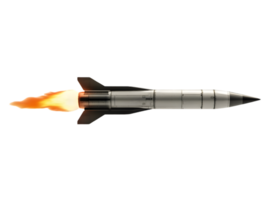 Sleek metallic missile with powerful flame in dynamic mid-launch showcasing advanced technology and military might png