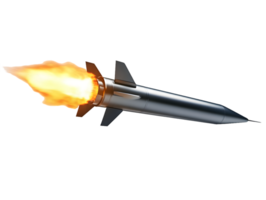 Rocket launching into the clear blue sky with flames trailing behind showcasing powerful propulsion and dynamic motion png