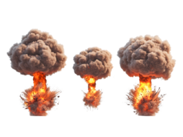 Sequence of three powerful explosion clouds displaying vibrant flames and billowing smoke showcasing destructive intensity png