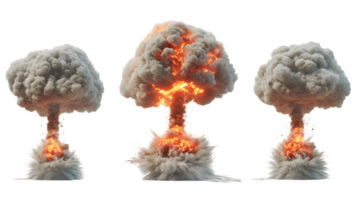 Series of three vibrant mushroom clouds rising from explosions illustrating dramatic fires and thick smoke billowing upwards into the atmosphere png