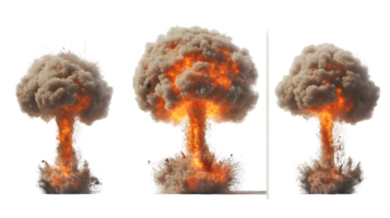 Sequence of three explosive mushroom clouds showcasing vibrant orange and fiery yellow hues surrounded by thick gray smoke rising into the atmosphere png